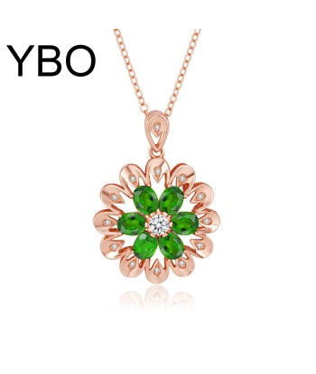 Rose Gold Plated 925 Sterling Silver Flower Pendant Necklace with Diopside Gemstones for Women Fin de série