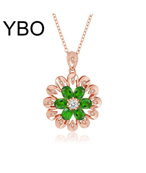 Rose Gold Plated 925 Sterling Silver Flower Pendant Necklace with Diopside Gemstones for Women Fin de série