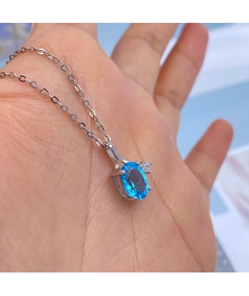 Sterling Silver 925 Natural Oval Blue Topaz Pendant Necklace for Women Les magasins à Paris