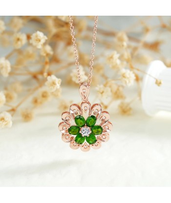 Rose Gold Plated 925 Sterling Silver Flower Pendant Necklace with Diopside Gemstones for Women Fin de série