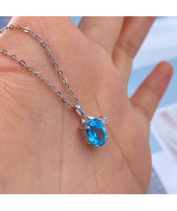 Sterling Silver 925 Natural Oval Blue Topaz Pendant Necklace for Women Les magasins à Paris