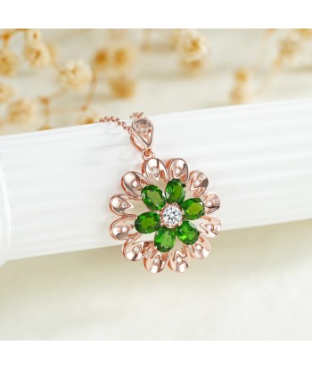 Rose Gold Plated 925 Sterling Silver Flower Pendant Necklace with Diopside Gemstones for Women Fin de série