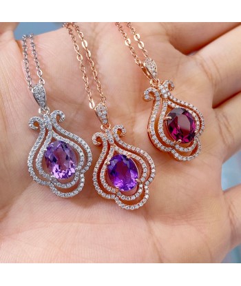 925 Sterling Silver Rose Gold Plated Amethyst Pyrope Zircon Pendant Necklace for Women paiement sécurisé