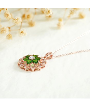 Rose Gold Plated 925 Sterling Silver Flower Pendant Necklace with Diopside Gemstones for Women Fin de série