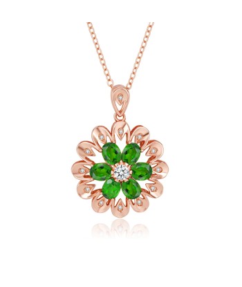 Rose Gold Plated 925 Sterling Silver Flower Pendant Necklace with Diopside Gemstones for Women Fin de série