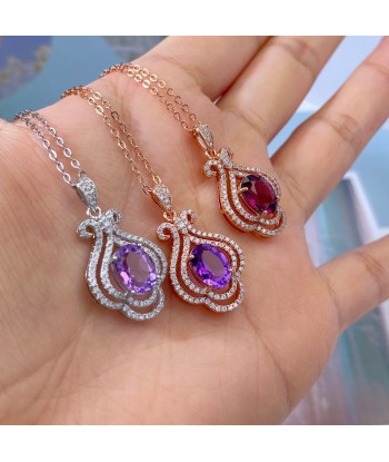 925 Sterling Silver Rose Gold Plated Amethyst Pyrope Zircon Pendant Necklace for Women paiement sécurisé