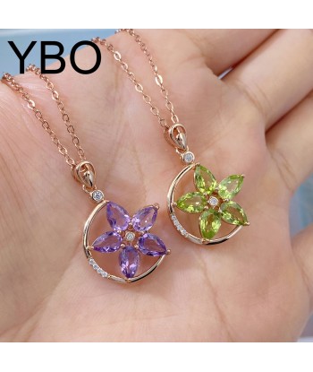 Rose Gold Plated 925 Sterling Silver Green Purple Garnet Flower Pendant Necklace for Women Les êtres humains sont 