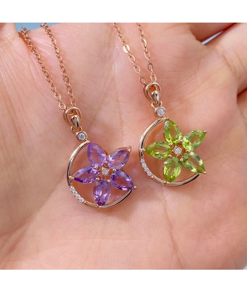 Rose Gold Plated 925 Sterling Silver Green Purple Garnet Flower Pendant Necklace for Women Les êtres humains sont 