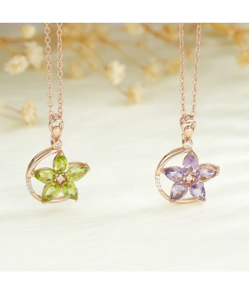 Rose Gold Plated 925 Sterling Silver Green Purple Garnet Flower Pendant Necklace for Women Les êtres humains sont 