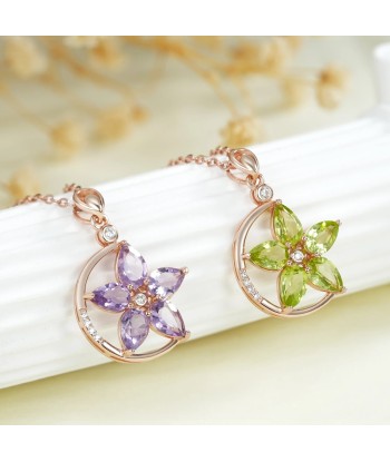 Rose Gold Plated 925 Sterling Silver Green Purple Garnet Flower Pendant Necklace for Women Les êtres humains sont 