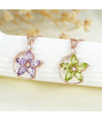 Rose Gold Plated 925 Sterling Silver Green Purple Garnet Flower Pendant Necklace for Women Les êtres humains sont 