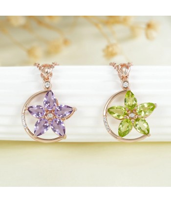 Rose Gold Plated 925 Sterling Silver Green Purple Garnet Flower Pendant Necklace for Women Les êtres humains sont 