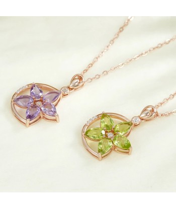 Rose Gold Plated 925 Sterling Silver Green Purple Garnet Flower Pendant Necklace for Women Les êtres humains sont 