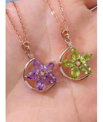 Rose Gold Plated 925 Sterling Silver Green Purple Garnet Flower Pendant Necklace for Women Les êtres humains sont 