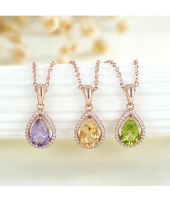 925 Sterling Silver Water Drop Amethyst Peridot Citrine Pendant Necklace for Women hantent personnes