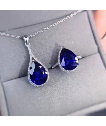 Sterling Silver Natural Sapphire Drop Pendant Necklace Set for Women Les êtres humains sont 