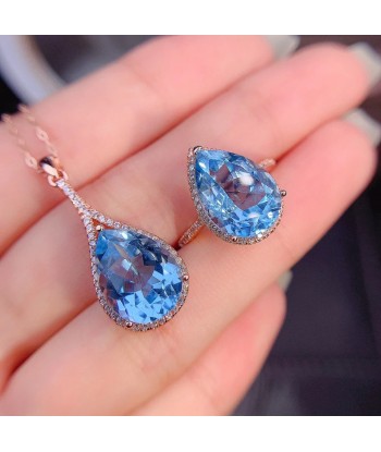 Sterling Silver Natural Sapphire Drop Pendant Necklace Set for Women Les êtres humains sont 