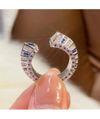 925 Sterling Silver Sapphire Diamond Open Ring for Women paiement sécurisé