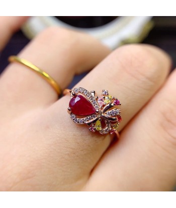 Sterling Silver Natural Ruby Ring for Women Pour