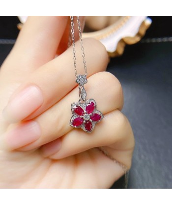 Sterling Silver Natural Ruby Flower Pendant Necklace for Women pour bénéficier 