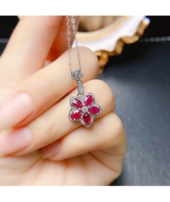 Sterling Silver Natural Ruby Flower Pendant Necklace for Women pour bénéficier 