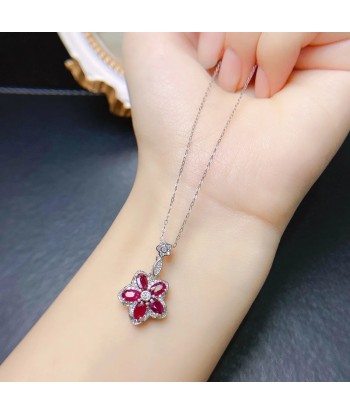 Sterling Silver Natural Ruby Flower Pendant Necklace for Women pour bénéficier 