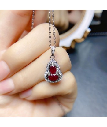 Sterling Silver Natural Ruby Gourd Pendant Necklace for Women soldes