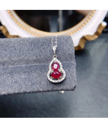 Sterling Silver Natural Ruby Gourd Pendant Necklace for Women soldes