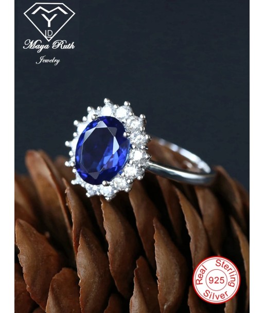 925 Sterling Silver Blue Sapphire Halo Oval Ring for Women paiement sécurisé