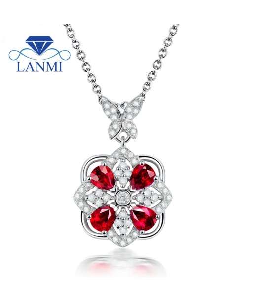 18Kt White Gold Red Ruby Diamond Pear Cut Pendant for Women sur le site 