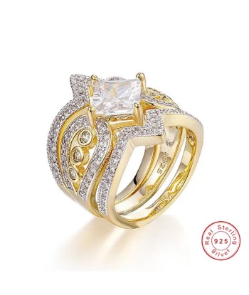 18k Gold Over Silver White Simulated Diamond 3-Piece Bridal Rings Set for Women Voir les baskets