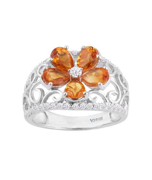 Sterling Silver Pear Shape Citrine & White Zircon Flower Ring brillant des détails fins