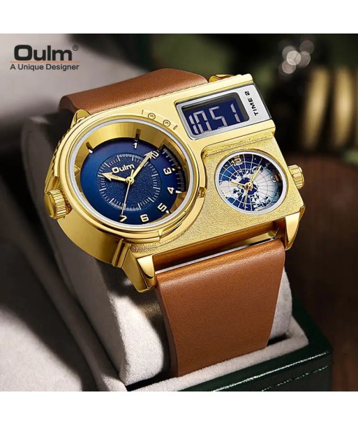 Luxury Dual Display Two Time Zone Quartz Watch for Men's Big Wrist with Genuine Leather Band pas cheres