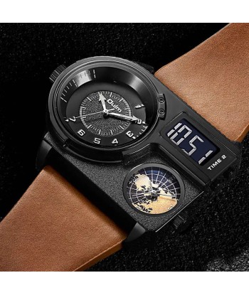 Luxury Dual Display Two Time Zone Quartz Watch for Men's Big Wrist with Genuine Leather Band pas cheres