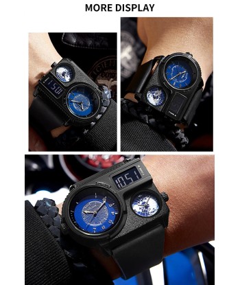 Luxury Dual Display Two Time Zone Quartz Watch for Men's Big Wrist with Genuine Leather Band pas cheres