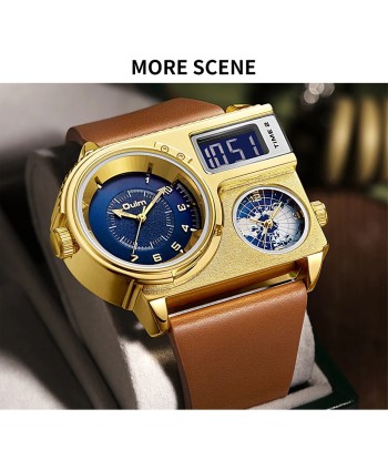 Luxury Dual Display Two Time Zone Quartz Watch for Men's Big Wrist with Genuine Leather Band pas cheres