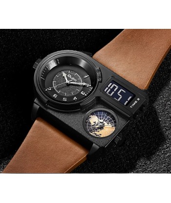 Luxury Dual Display Two Time Zone Quartz Watch for Men's Big Wrist with Genuine Leather Band pas cheres