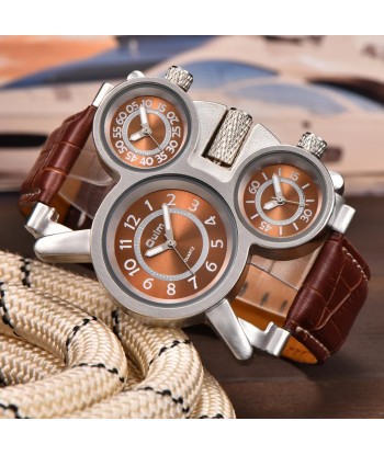 Luxury Fashion Brown Quartz Watch with Three Small Dials & Leather Strap for Men de France