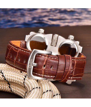 Luxury Fashion Brown Quartz Watch with Three Small Dials & Leather Strap for Men de France