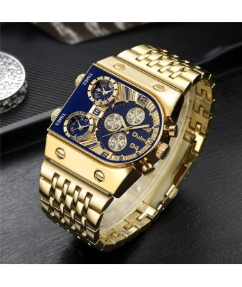 Multifunctional Large Dial Luminous Men's Watch with Gold Steel Belt and Multi-Time Zone Quartz Movement Par le système avancé 