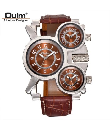 Luxury Fashion Brown Quartz Watch with Three Small Dials & Leather Strap for Men de France