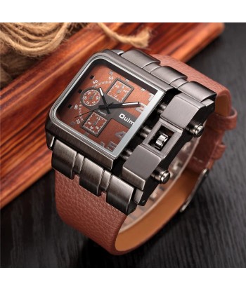 Unique Design Square Men's Wristwatch with Wide Dial and Leather Strap Paris Déstockage Promo