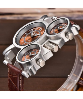 Luxury Fashion Brown Quartz Watch with Three Small Dials & Leather Strap for Men de France