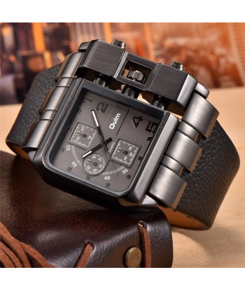 Unique Design Square Men's Wristwatch with Wide Dial and Leather Strap Paris Déstockage Promo