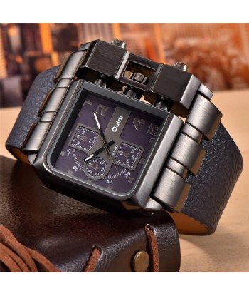 Unique Design Square Men's Wristwatch with Wide Dial and Leather Strap Paris Déstockage Promo