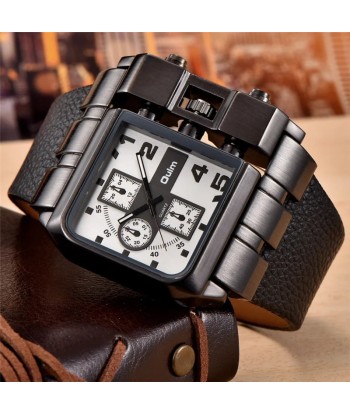 Unique Design Square Men's Wristwatch with Wide Dial and Leather Strap Paris Déstockage Promo