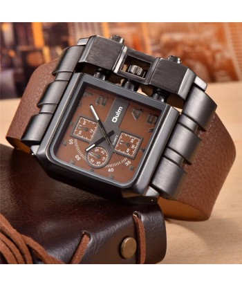 Unique Design Square Men's Wristwatch with Wide Dial and Leather Strap Paris Déstockage Promo