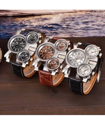 Luxury Fashion Brown Quartz Watch with Three Small Dials & Leather Strap for Men de France