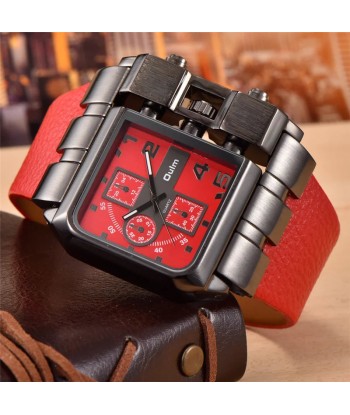 Unique Design Square Men's Wristwatch with Wide Dial and Leather Strap Paris Déstockage Promo