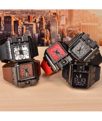 Unique Design Square Men's Wristwatch with Wide Dial and Leather Strap Paris Déstockage Promo